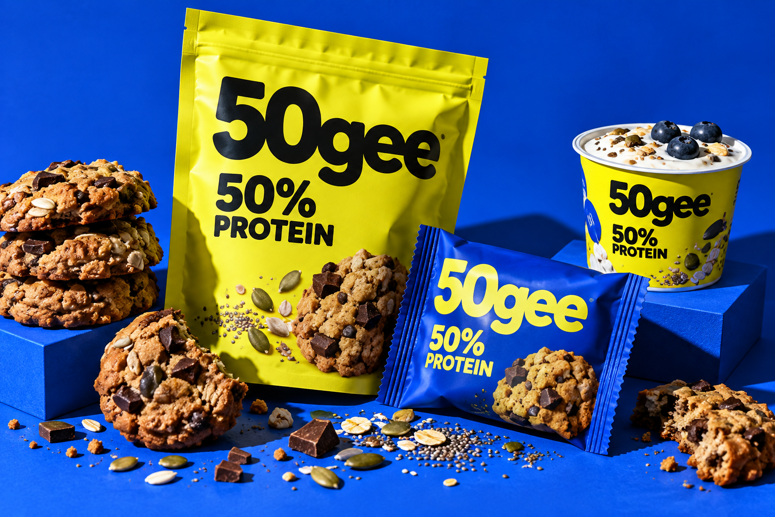 50gee concept packaging: bold yellow protein pouch, blue cookie pack and yogurt cup